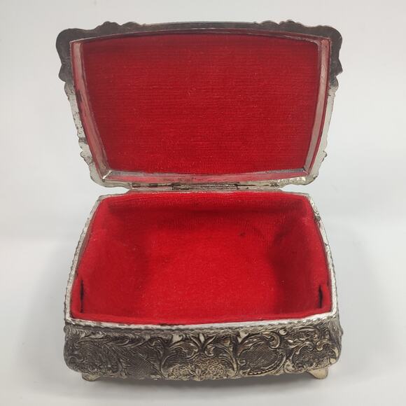 VTG Japanese Silver Trinket Jewelry Ring Box Footed Embossed Metal Lidded Lined - Picture 7 of 12